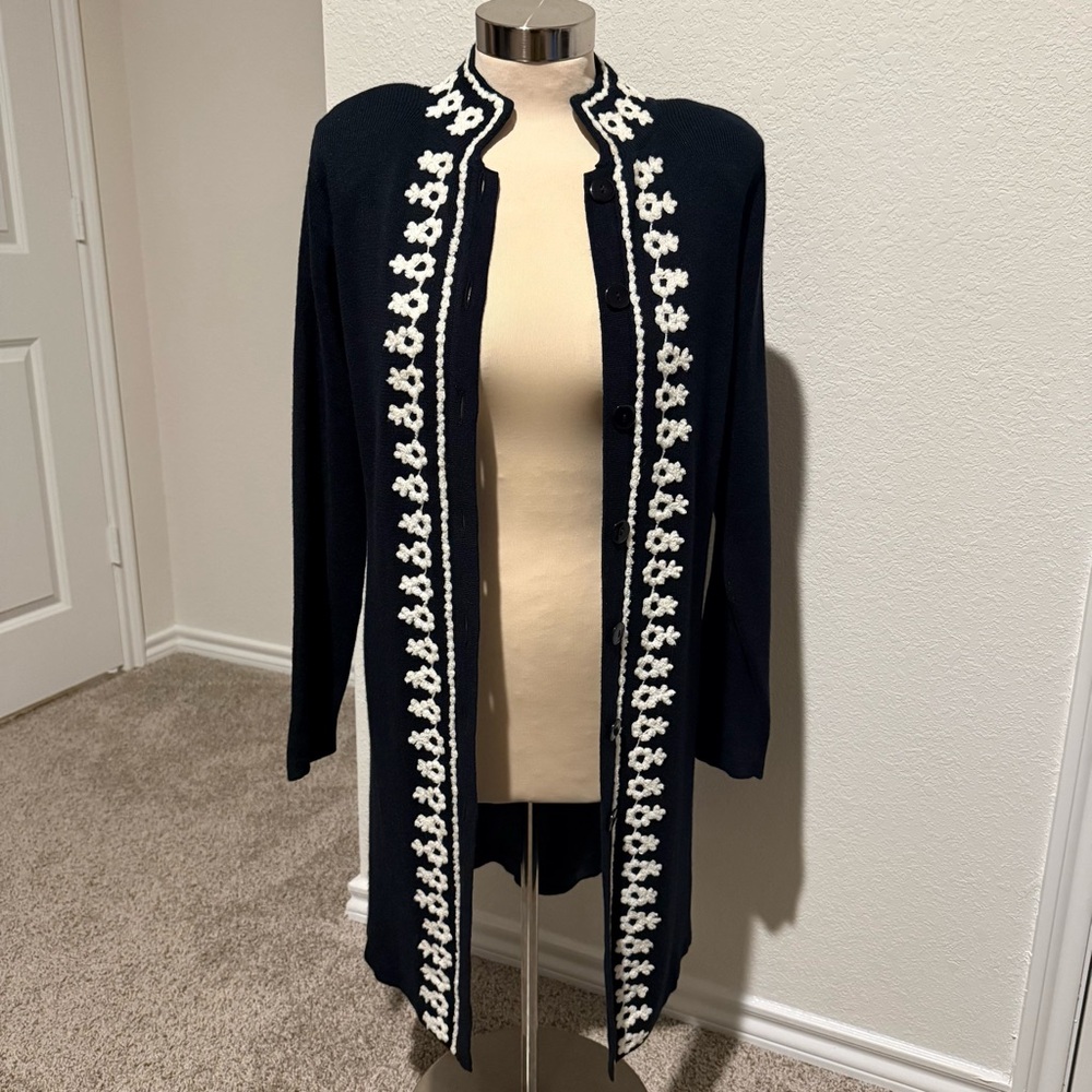 Boho Black Cardigan with Embroidered Floral Trim
